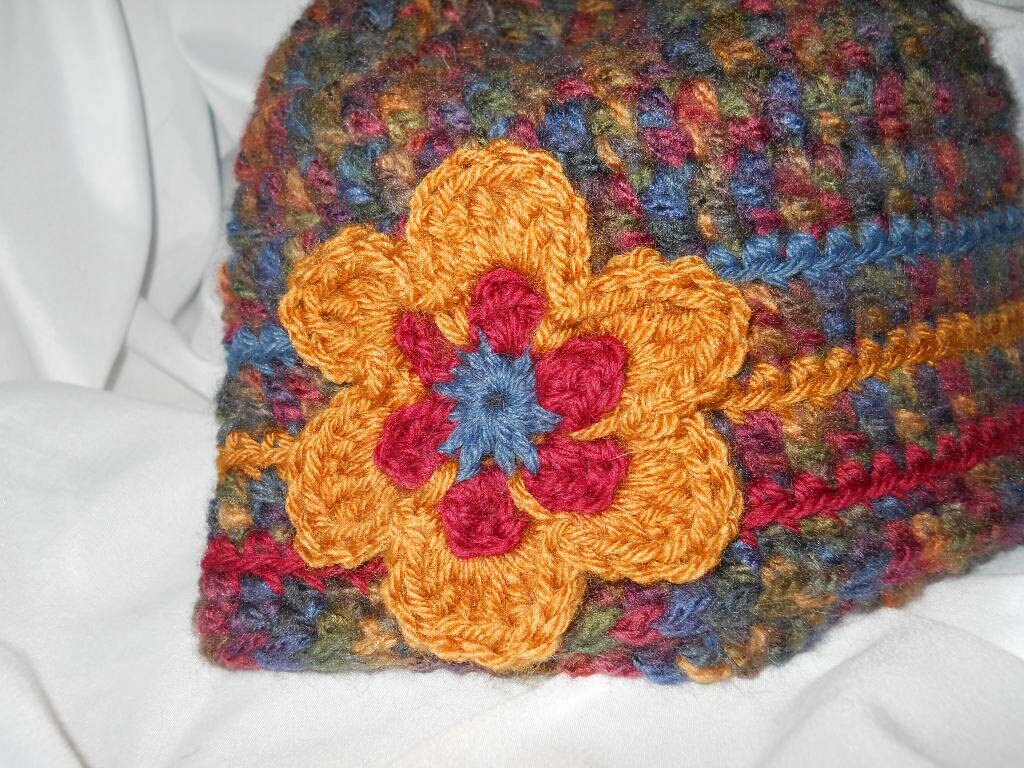 Multi-colored Crocheted Hat With Flower Accent - Etsy display picture 1