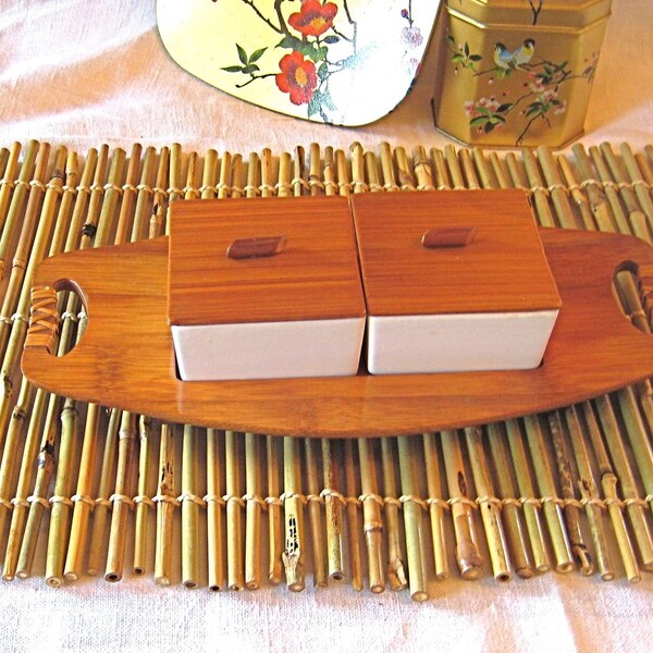 Japan Relief Fund Item, Sushi Tray Set, Wasabi and Soy Dishes,with Lids, 6 pc, Bamboo Placemat, Made in Japan, Wood, Ceramic, Vintage by RetroBabs on Etsy