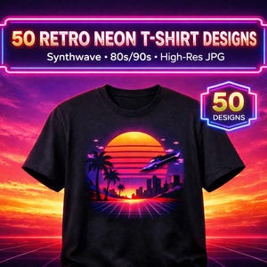 Puede incluir: Camiseta negra con un diseño retro de atardecer, palmeras, un paisaje urbano y un vehículo futurista. La imagen incluye el texto "50 RETRO NEON T-SHIRT DESIGNS", "Synthwave • 80s/90s • High-Res JPG". Una insignia muestra "50 DESIGNS".