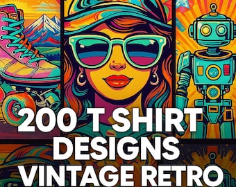 Pakiet projektów koszulek retro w stylu vintage Ponad 200 plików JPG, odzież na zamówienie, projekty DIY, do druku