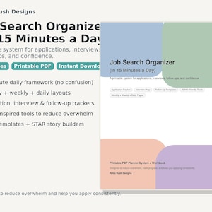 May include: A digital job search organiser titled "Job Search Organizer (in 15 Minutes a Day)". The design incorporates blue, green, and purple blocks. Features include application trackers, interview prep, and email templates.