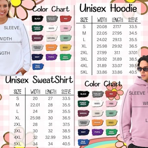 Puede incluir: Imagen de un producto con una sudadera blanca y una sudadera con capucha rosa. La imagen incluye tablas de tallas para sudaderas con capucha y sudaderas unisex, y una tabla de colores. Las tablas muestran medidas de ancho, largo y largo de manga en cm.