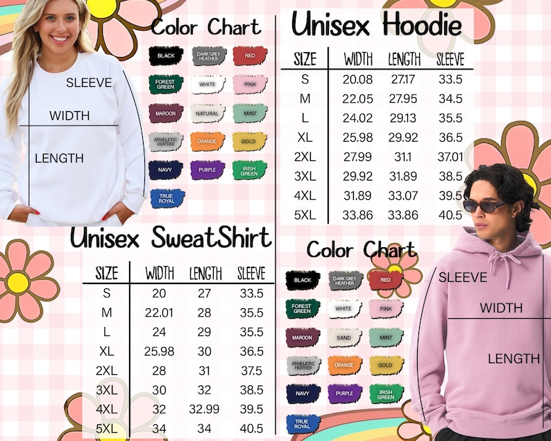 Puede incluir: Imagen de un producto con una sudadera blanca y una sudadera con capucha rosa. La imagen incluye tablas de tallas para sudaderas con capucha y sudaderas unisex, y una tabla de colores. Las tablas muestran medidas de ancho, largo y largo de manga en cm.