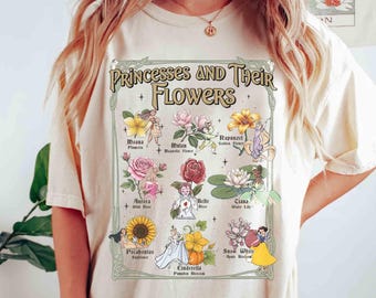 Retro Vintage Disney-Prinzessinnen und ihre Blumen Shirt, Tiana Ariel Elsa Rapunzel Belle Jasmin T-Shirt, BTW Magic Kingdom Familie Mädchen Reise