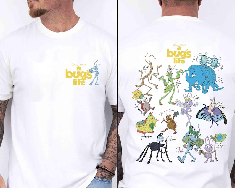 May include: White t-shirt with the Disney Pixar film title "A Bug's Life." The front has the title and an ant cartoon. The back features illustrations of characters from the film, such as Flik, Dot, and Heimlich.