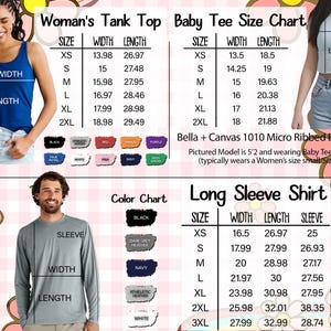 Puede incluir: Imagen con tablas de tallas para camisetas de tirantes de mujer, camisetas de beb&eacute; y camisas de manga larga. Las tablas muestran tallas XS a 3XL, con medidas en cm para ancho, largo y largo de manga. Tambi&eacute;n se incluyen muestras de color.