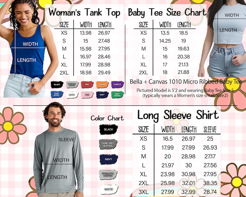 Puede incluir: Imagen con tablas de tallas para camisetas de tirantes de mujer, camisetas de beb&eacute; y camisas de manga larga. Las tablas muestran tallas XS a 3XL, con medidas en cm para ancho, largo y largo de manga. Tambi&eacute;n se incluyen muestras de color.