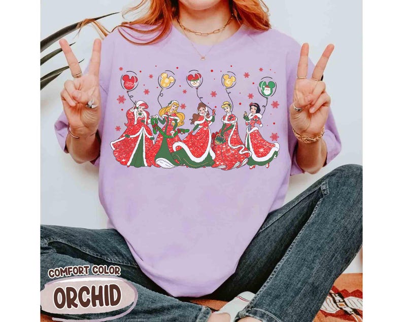 Disney Princess Characters Group Christmas Balloon T-shirt, Belle Cinderella Ariel Jasmine Tee, Mickey's Very Merry Xmas Family Matching Tee image 4
