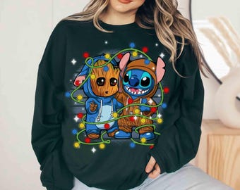 Camiseta retro con luces navideñas de Stitch, camiseta navideña de Disney Bestie, camiseta de Mickey's Merry Xmas Party, regalo familiar para vacaciones en Disneyland