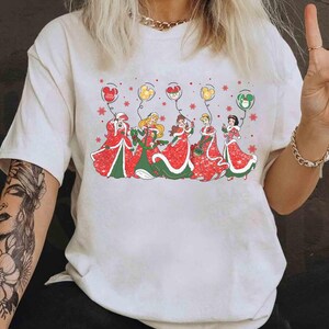 Disney Princess Characters Group Christmas Balloon T-shirt, Belle Cinderella Ariel Jasmine Tee, Mickey's Very Merry Xmas Family Matching Tee image 3
