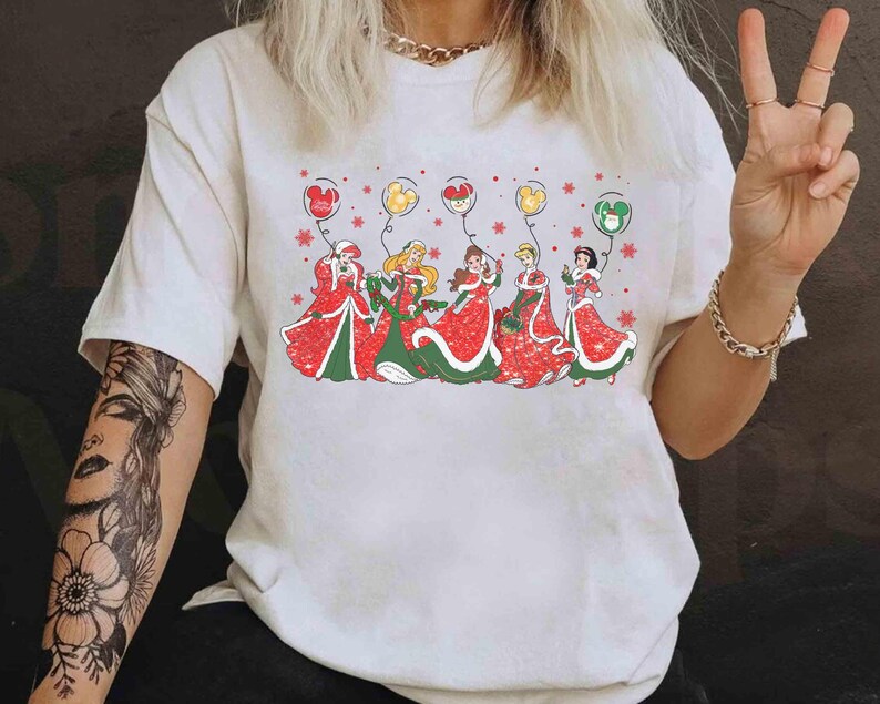 Disney Princess Characters Group Christmas Balloon T-shirt, Belle Cinderella Ariel Jasmine Tee, Mickey's Very Merry Xmas Family Matching Tee image 3