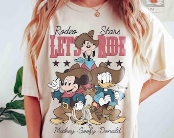 Camiseta retro de Disney Mickey y sus amigos, Goofy Donald, Let's Ride Cowboy, camiseta Disney Western Country, atuendos para vacaciones familiares en Disneyland