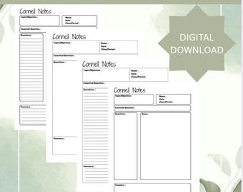 May include: White Cornell Notes templates with sections for topic, essential questions, questions, notes, and summary. The text "Cornell Notes" is at the top, with "Digital Download" in a starburst shape. The templates are designed for note-taking.