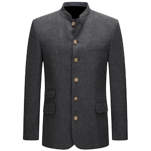 May include: A dark grey blazer with a mandarin collar and a four-button fastening. The jacket has two front pockets and a chest pocket. The buttons are gold-coloured. The blazer is a tailored fit.