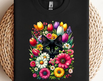 Gato preto boho fofo escondido em flores da primavera PNG, sublimação, design de clipart, download digital