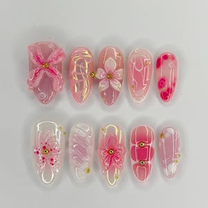 3D Flower Press On Nails: Pink Ombre Almond, Handmade