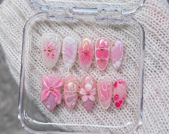 Pink and Gold 3D Pastel Floral Summer Vibe Press On Nails