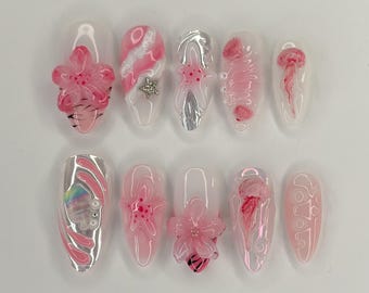 Pink Mermaid Press On Nails, Seashell 3D Gel Nails with Flowers & Starfish, Pearl Shimmer Fake Nails, Summer Beach Oval Nails