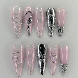 Pink Chrome Butterfly Press-On Nails: Girly Gothic Stiletto Nail Art