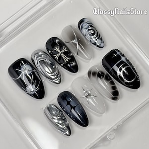 Gothic Black & Silver Press-On Nails: 3D Cross Stiletto Nail Art