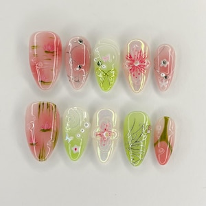 Pink Green Floral Press On Nails | Handmade Botanical Nail Art | Spring Garden Nail Set | 3D Flower Pastel Nails | Elegant Press Ons
