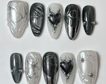 Gotische aandruknagels spinnenweb: zwarte stiletto-halloweennagelset