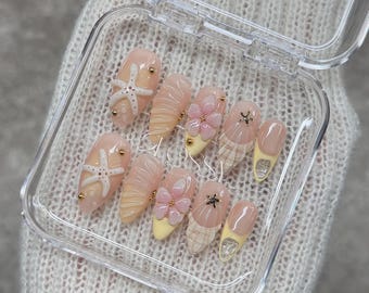 Handmade Yellow Ombre Press-On Nails: 3D Floral Beach Summer Nails
