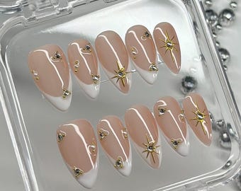 White and Gold press on nails, gold chrome mirror star reusable nail, minimalist french tip nail, jelly fake nail, gift for her