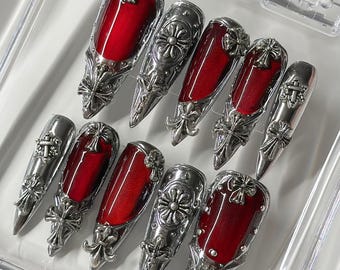 Gothic Cross Chrome Armor Nails | Vampire Red Cat Eye Press On Set