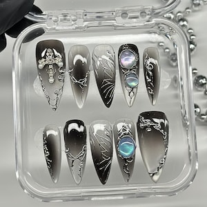 Gothic Black Stiletto Press On Nails: Silver Chains & Moon Charms