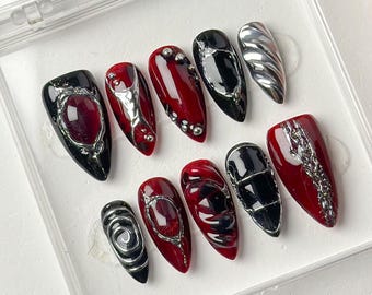 Gothic Black & Red Chrome Press On Nails: 3D Silver Swirls
