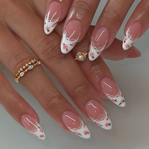 Hand-Painted Rose French Tip Press On Nails: Bridal Stiletto or Almond