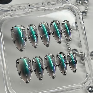 Futuristic Cyberpunk Black and Blue Circuit Pattern Long Almond Press On Nail, Intricate Tech-Inspired Fake Nail for Cosplay and Party Wear
