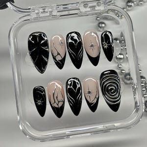 Black Gothic Chrome Press On Nails: Punk Y2K Silver 3D Gel Accents