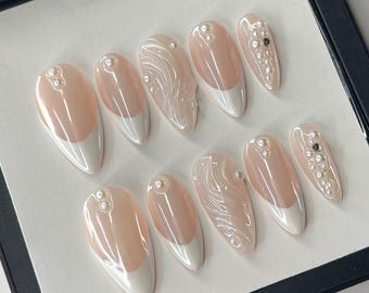 Glazed Petal French Press-On Nails: Elegant Soft Glam Nail Set