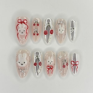 3D Bunny Press On Nails: Kawaii Pastel Ribbon Nail Art