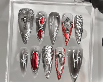 Gothic Vampire Press-On Nails: 3D Cross Stiletto Nail Art