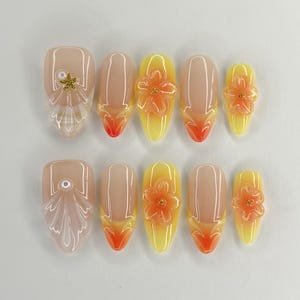 Yellow Ombre Press-On Nails: 3D Flower, Coffin Shape