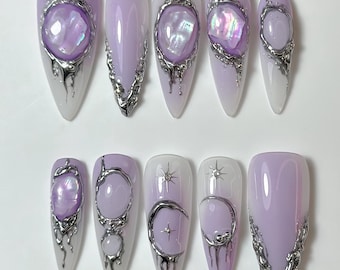 Galaxy Chrome Press On Nails, Purple Holographic Metallic Nail Set, Futuristic Long Reusable Nail Art
