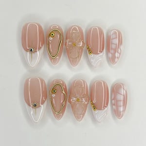 3D Gold Chrome Flower Press On Nails: Short Almond White French Tip