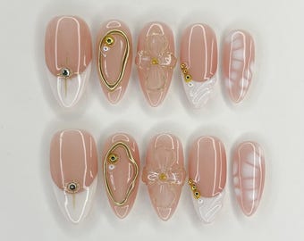 3D Gold Chrome Flower Press On Nails: Short Almond White French Tip