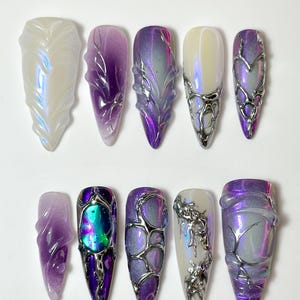 Purple Chrome Press-On Nails: Gothic Stiletto with Crystal Glitter