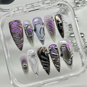 Purple Chrome Press On Nails: Metallic Swirl Stiletto Nail Art