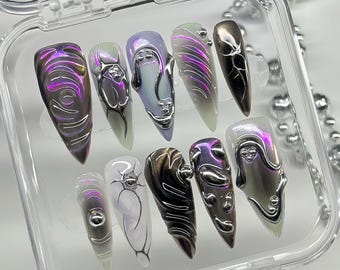 Purple Chrome Press On Nails: Metallic Swirl Stiletto Nail Art
