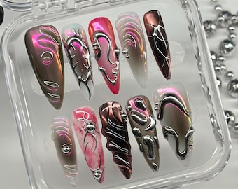 Cyber Chrome Press On Nails, 3D Gel Nail Art, Handmade