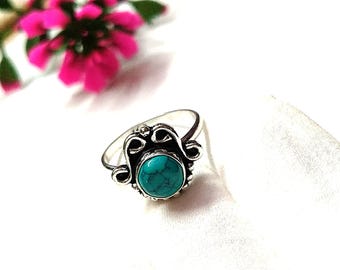 Boho Turquoise Ring, Sterling Silver Scroll Design, Handmade Jewelry