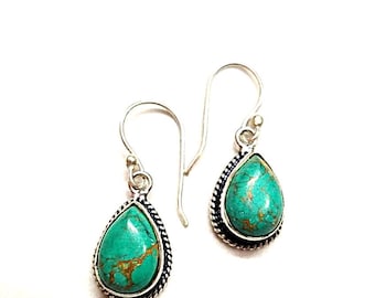 Turquoise Teardrop Earrings, 925 Sterling Silver, Boho Southwestern Jewelry