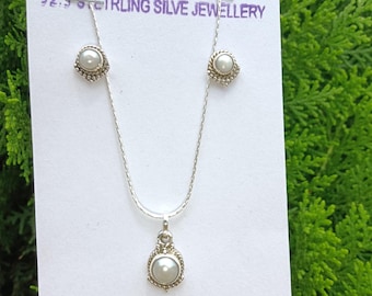 White Pearl Jewelry Set: Sterling Silver Necklace & Studs - August Birthstone