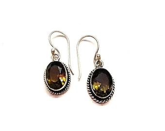 Handmade Oval Smoky Quartz Earrings, 925 Sterling Silver Boho Dangles