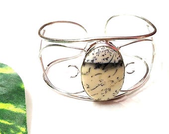Pulsera de ágata dendrítica natural – Joyería bohemia de plata de ley 925 hecha a mano